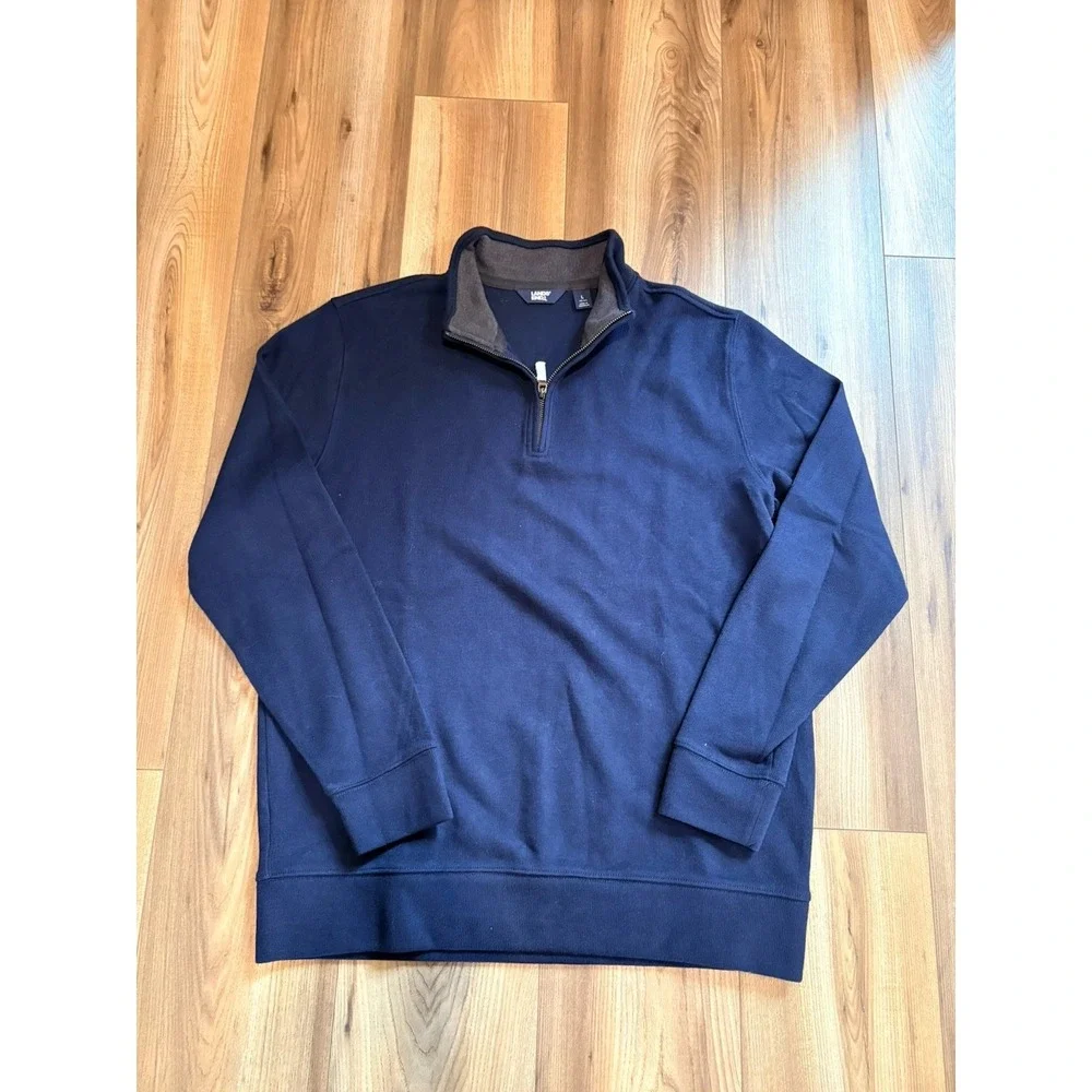 Lands End 1/4 Zip Pullover Sweater Men's Large Blue Leather Zipper Accents